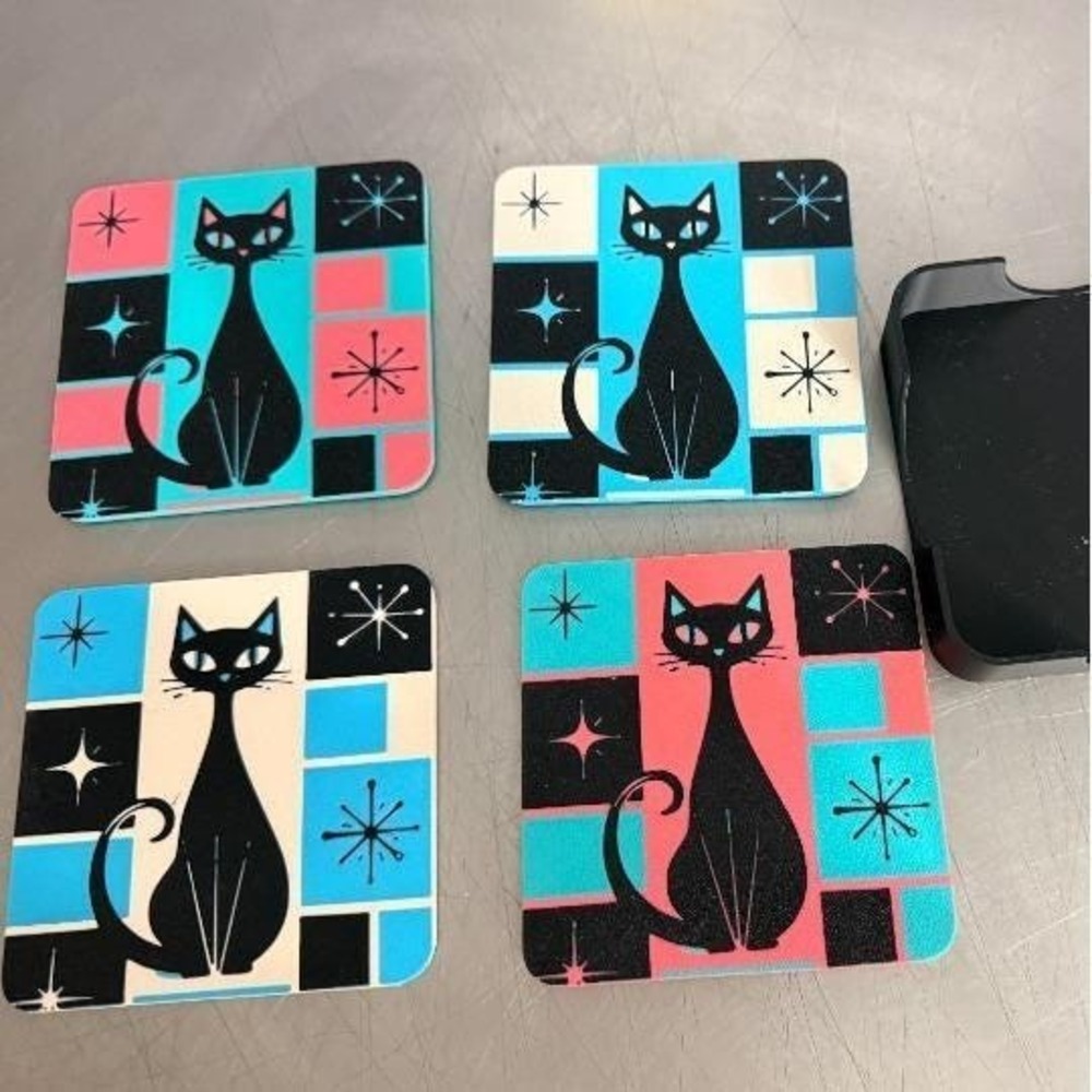Mid-Century Modern Atomic Cat Coaster Set (4-Pack with Holder) – Retro Atomic Ag